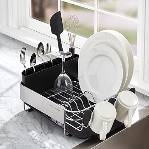 KitchenAid Compact, Space Saving Rust Resistant Dish Rack with Removable Flatware Caddy and Angled Self Draining Drainboard, 16.06-Inch, Black - My Kitchen Products