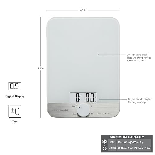 KitchenAid KQ908 Glass Surface 11 Pound Capacity Digital Kitchen and Food Scale, White - My Kitchen Products