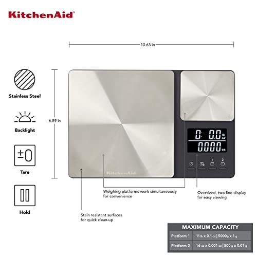 KitchenAid KQ909 Dual Platform Digital Kitchen and Food Scale, 11 pound capacity and Precision 16oz capacity, Black with Stainless Steel - My Kitchen Products