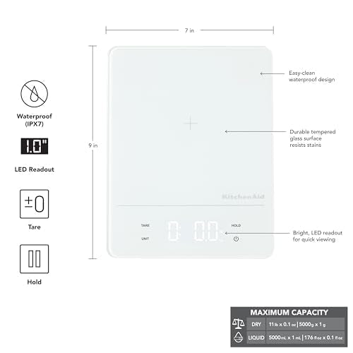 KitchenAid KQ913 Digital Waterproof (IPx7) Kitchen and Food Scale, LED readout, 11 Pound Max Capacity, White - My Kitchen Products