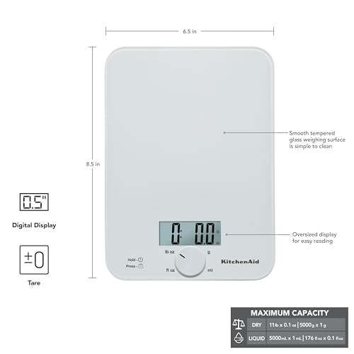 KitchenAid KQ914WH Glass Surface 11 Pound Capacity Digital Kitchen and Food Scale, Scale for Food Ounces and Grams, Dry and Liquid Ingredients, White - My Kitchen Products