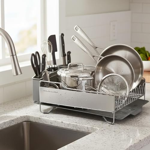 KitchenAid Large Capacity Full Size Rust Resistant Dish Rack with Angled Drain Board and Removable Flatware Caddy, Light Grey - My Kitchen Products