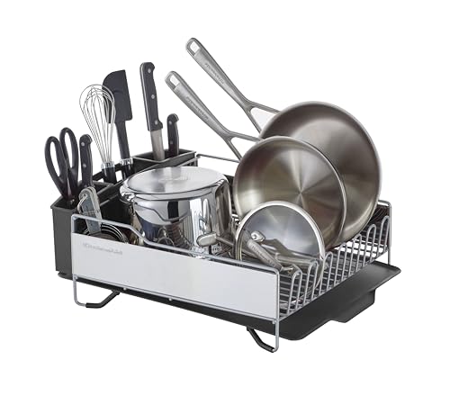 KitchenAid Large Capacity Full Size Rust Resistant Dish Rack with Angled Drain Board and Removable Flatware Caddy, Light Grey - My Kitchen Products