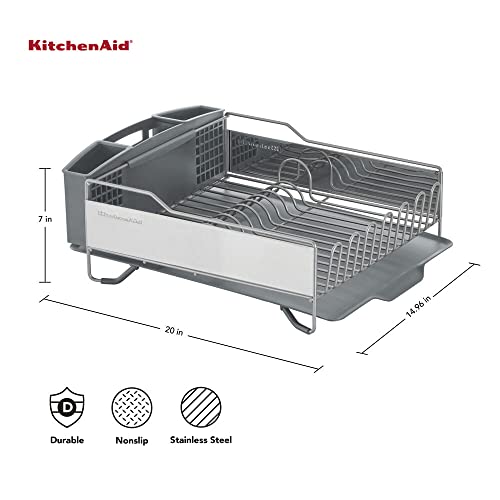 KitchenAid Large Capacity Full Size Rust Resistant Dish Rack with Angled Drain Board and Removable Flatware Caddy, Light Grey - My Kitchen Products