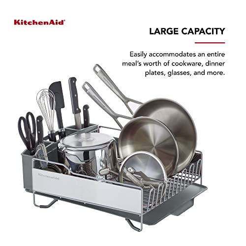 KitchenAid Large Capacity Full Size Rust Resistant Dish Rack with Angled Drain Board and Removable Flatware Caddy, Light Grey - My Kitchen Products