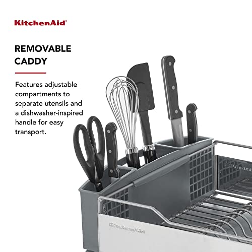 KitchenAid Large Capacity Full Size Rust Resistant Dish Rack with Angled Drain Board and Removable Flatware Caddy, Light Grey - My Kitchen Products