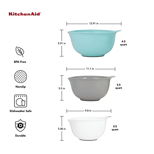 KitchenAid Universal Nesting Plastic Mixing Bowls, Set Of 3, 2.5 quart, 3.5 quart, 4.5 quart, Non Slip Base with Easy Pour Spout to Reduce Mess, Dishwasher Safe, Aqua Sky, White, Gray - My Kitchen Products