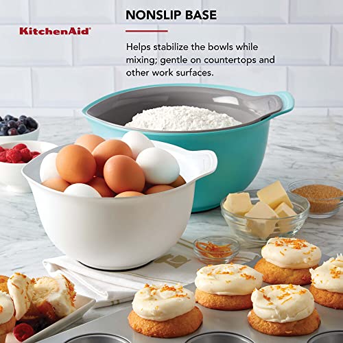 KitchenAid Universal Nesting Plastic Mixing Bowls, Set Of 3, 2.5 quart, 3.5 quart, 4.5 quart, Non Slip Base with Easy Pour Spout to Reduce Mess, Dishwasher Safe, Aqua Sky, White, Gray - My Kitchen Products
