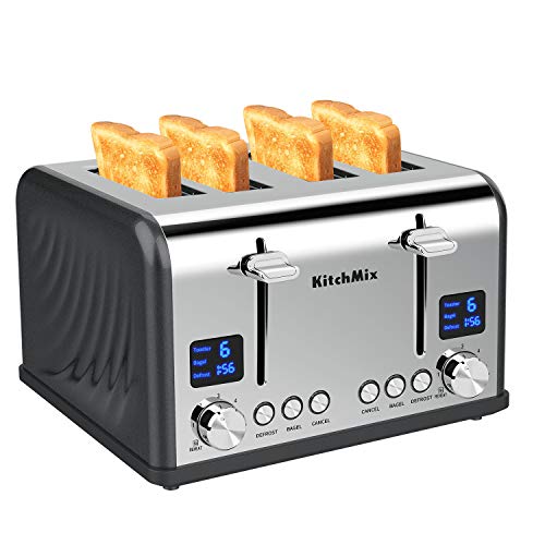 KitchMix Toaster 4 Slice, Bagel Stainless Toaster with LCD Timer, Extra Wide Slots, Dual Screen, Removal Crumb Tray (Gray) - My Kitchen Products
