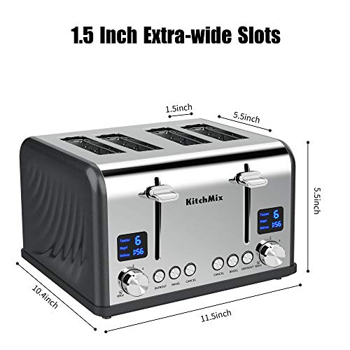 KitchMix Toaster 4 Slice, Bagel Stainless Toaster with LCD Timer, Extra Wide Slots, Dual Screen, Removal Crumb Tray (Gray) - My Kitchen Products