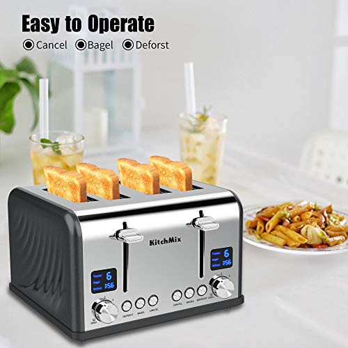 KitchMix Toaster 4 Slice, Bagel Stainless Toaster with LCD Timer, Extra Wide Slots, Dual Screen, Removal Crumb Tray (Gray) - My Kitchen Products
