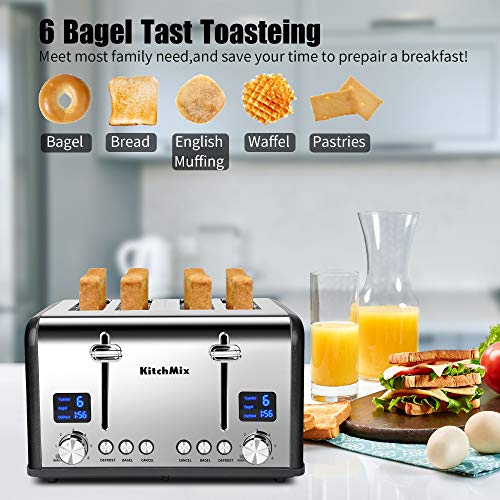 KitchMix Toaster 4 Slice, Bagel Stainless Toaster with LCD Timer, Extra Wide Slots, Dual Screen, Removal Crumb Tray (Gray) - My Kitchen Products