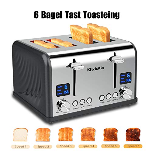 KitchMix Toaster 4 Slice, Bagel Stainless Toaster with LCD Timer, Extra Wide Slots, Dual Screen, Removal Crumb Tray (Gray) - My Kitchen Products
