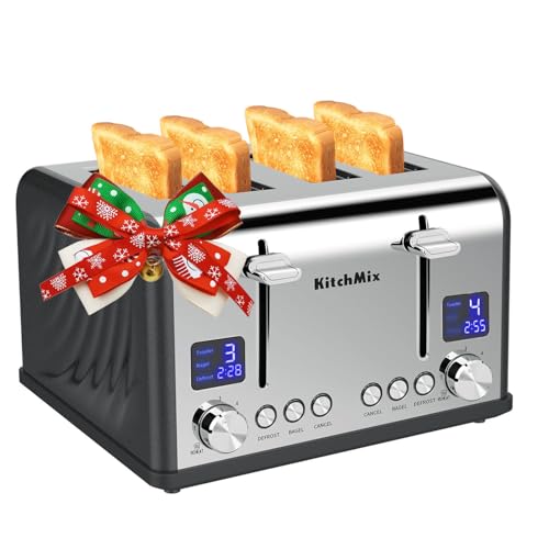 KitchMix Toaster 4 Slice, Bagel Stainless Toaster with LCD Timer, Extra Wide Slots, Dual Screen, Removal Crumb Tray (Gray) - My Kitchen Products