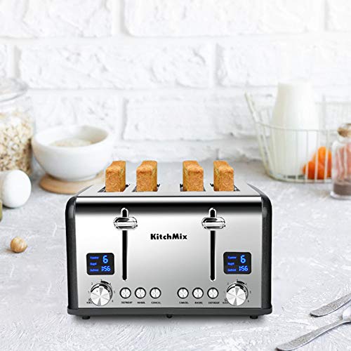 KitchMix Toaster 4 Slice, Bagel Stainless Toaster with LCD Timer, Extra Wide Slots, Dual Screen, Removal Crumb Tray (Gray) - My Kitchen Products