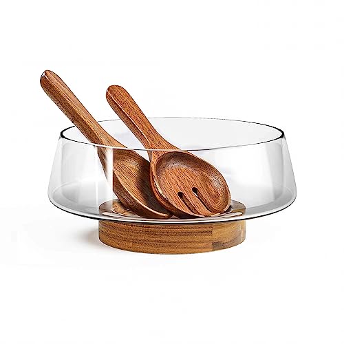 KITEISCAT Extra Large Glass Salad Bowl Set, Party Salad Bowls with Acacia Wood Base and Serving