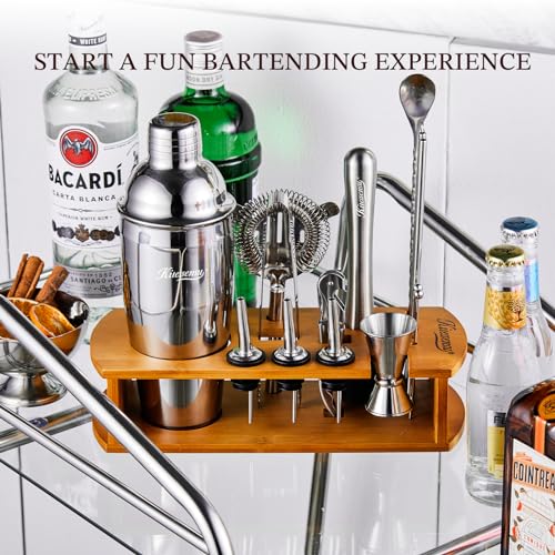 KITESSENSU Cocktail Shaker Set Bartender Kit with Stand | Bar Set Drink Mixer Set with All Essential Accessory Tools: Martini Shaker, Jigger, Strainer, Mixer Spoon, Muddler, Liquor Pourers |Silver - My Kitchen Products