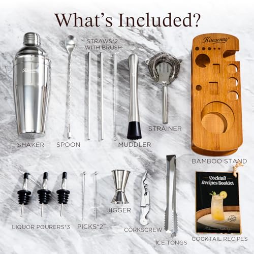 KITESSENSU Cocktail Shaker Set Bartender Kit with Stand | Bar Set Drink Mixer Set with All Essential Accessory Tools: Martini Shaker, Jigger, Strainer, Mixer Spoon, Muddler, Liquor Pourers |Silver - My Kitchen Products