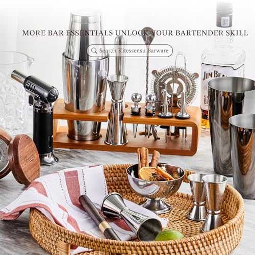 KITESSENSU Cocktail Shaker Set Bartender Kit with Stand | Bar Set Drink Mixer Set with All Essential Accessory Tools: Martini Shaker, Jigger, Strainer, Mixer Spoon, Muddler, Liquor Pourers |Silver - My Kitchen Products
