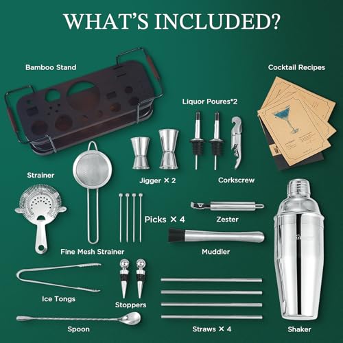 KITESSENSU Cocktail Shaker Set Bartender Kit with Stand | Complete 24-Piece Bar Set Cocktail Kit with All Bar Accessories: Martini Shaker, Jigger, Muddler | Drink Mixer Set for Home Bar Cocktails - My Kitchen Products