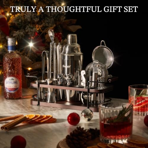 KITESSENSU Cocktail Shaker Set Bartender Kit with Stand | Complete 24-Piece Bar Set Cocktail Kit with All Bar Accessories: Martini Shaker, Jigger, Muddler | Drink Mixer Set for Home Bar Cocktails - My Kitchen Products