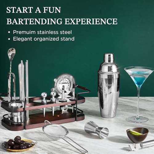 KITESSENSU Cocktail Shaker Set Bartender Kit with Stand | Complete 24-Piece Bar Set Cocktail Kit with All Bar Accessories: Martini Shaker, Jigger, Muddler | Drink Mixer Set for Home Bar Cocktails - My Kitchen Products