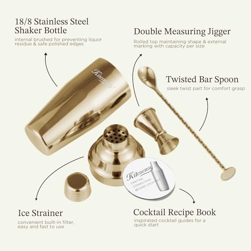 KITESSENSU Cocktail Shaker Set, Stainless Steel Bartending Kit with 25 Ounce Cocktail Shaker with Built in Drink Strainer, Measuring Jigger, Mixing Spoon & Drink Recipe Guide, Gold - My Kitchen Products