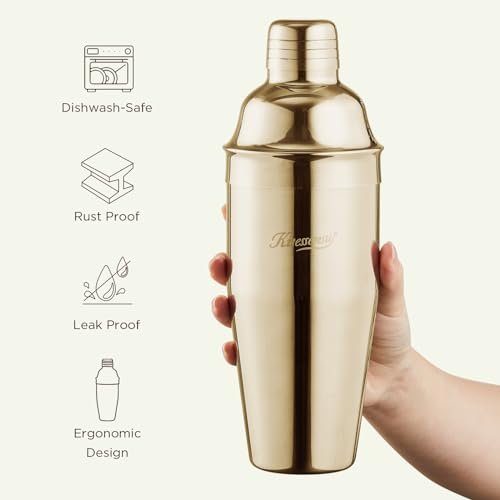 KITESSENSU Cocktail Shaker Set, Stainless Steel Bartending Kit with 25 Ounce Cocktail Shaker with Built in Drink Strainer, Measuring Jigger, Mixing Spoon & Drink Recipe Guide, Gold - My Kitchen Products