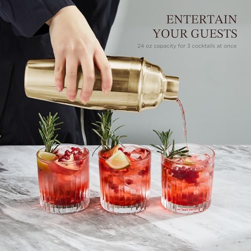 KITESSENSU Cocktail Shaker Set, Stainless Steel Bartending Kit with 25 Ounce Cocktail Shaker with Built in Drink Strainer, Measuring Jigger, Mixing Spoon & Drink Recipe Guide, Gold - My Kitchen Products