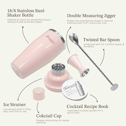 KITESSENSU Cocktail Shaker Set, Stainless Steel Martini Shaker with Bartender Strainer, Measuring Jigger, Bar Mixing Spoon, Cocktail Recipe Included, Pink - My Kitchen Products