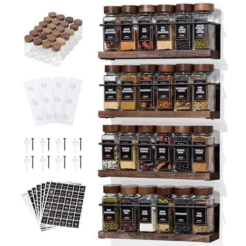 KitHero 4-Tier Wall Mount Spice Rack Organizer with 24 Glass Jars, 216 Labels & Funnel - Screw/Adhesive Mount, Black Metal & Wood Spice Storage for Kitchen Pantry Cabinet, 11.6”L x 2.4”W x 3.2”H - My Kitchen Products
