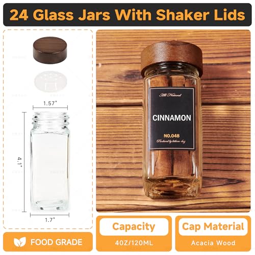 KitHero 4-Tier Wall Mount Spice Rack Organizer with 24 Glass Jars, 216 Labels & Funnel - Screw/Adhesive Mount, Black Metal & Wood Spice Storage for Kitchen Pantry Cabinet, 11.6”L x 2.4”W x 3.2”H - My Kitchen Products