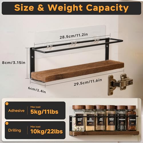 KitHero 4-Tier Wall Mount Spice Rack Organizer with 24 Glass Jars, 216 Labels & Funnel - Screw/Adhesive Mount, Black Metal & Wood Spice Storage for Kitchen Pantry Cabinet, 11.6”L x 2.4”W x 3.2”H - My Kitchen Products