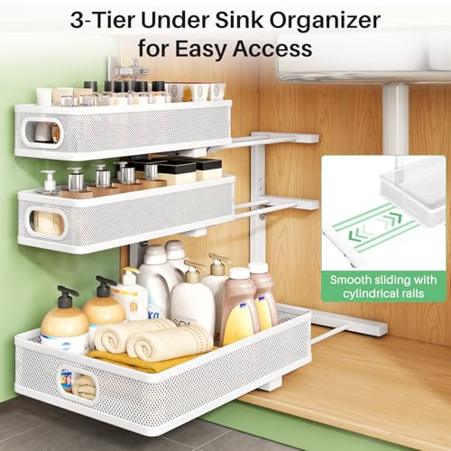 Kitstorack Under Sink Organizer, 2-Pack 3-Tier Height Adjustable Thickened Metal Pull out Cabinet Organizer Shelf, Slide out Storage Drawer Rack for Bathroom Kitchen Pantry Home Laundry Organization - My Kitchen Products