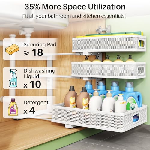 Kitstorack Under Sink Organizer, 2-Pack 3-Tier Height Adjustable Thickened Metal Pull out Cabinet Organizer Shelf, Slide out Storage Drawer Rack for Bathroom Kitchen Pantry Home Laundry Organization - My Kitchen Products