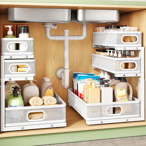 Kitstorack Under Sink Organizer, 2-Pack 3-Tier Height Adjustable Thickened Metal Pull out Cabinet Organizer