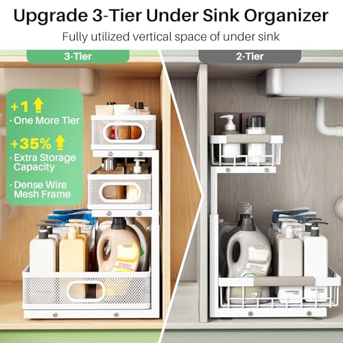 Kitstorack Under Sink Organizer, 2-Pack 3-Tier Height Adjustable Thickened Metal Pull out Cabinet Organizer Shelf, Slide out Storage Drawer Rack for Bathroom Kitchen Pantry Home Laundry Organization - My Kitchen Products