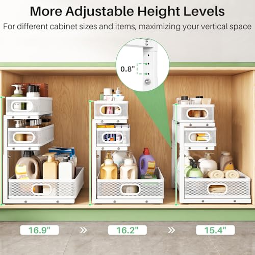 Kitstorack Under Sink Organizer, 2-Pack 3-Tier Height Adjustable Thickened Metal Pull out Cabinet Organizer Shelf, Slide out Storage Drawer Rack for Bathroom Kitchen Pantry Home Laundry Organization - My Kitchen Products