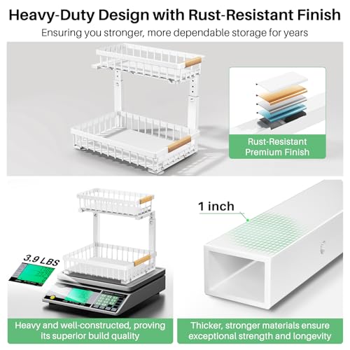 Kitstorack Under Sink Organizer, 2 Tier Under the Sink Storage, Slide out Pull out Cabinet Organizer Shelf, Metal Sliding Drawer for Kitchen Bathroom Pantry Closet Organization Rack, White, 2 Pack - My Kitchen Products