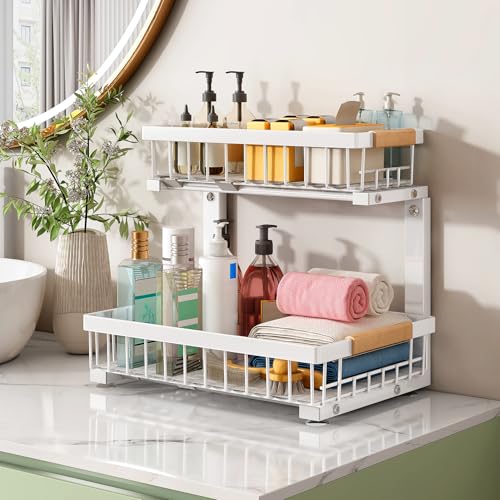 Kitstorack Under Sink Organizer, 2 Tier Under the Sink Storage, Slide out Pull out Cabinet Organizer Shelf, Metal Sliding Drawer for Kitchen Bathroom Pantry Closet Organization Rack, White, 2 Pack - My Kitchen Products