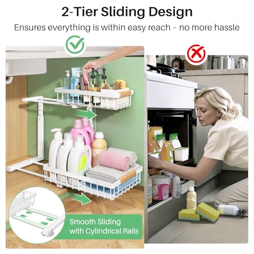 Kitstorack Under Sink Organizer, 2 Tier Under the Sink Storage, Slide out Pull out Cabinet Organizer Shelf, Metal Sliding Drawer for Kitchen Bathroom Pantry Closet Organization Rack, White, 2 Pack - My Kitchen Products