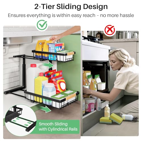 Kitstorack Under Sink Organizer, 2 Tier Under the Sink Storage, Slide out Pull out Cabinet Organizer Shelf, Metal Sliding Drawer for Kitchen Bathroom Pantry Closet Organization Rack, Black, 2 Pack - My Kitchen Products