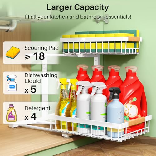 Kitstorack Under Sink Organizer, 2 Tier Under the Sink Storage, Slide out Pull out Cabinet Organizer Shelf, Metal Sliding Drawer for Kitchen Bathroom Pantry Closet Organization Rack, White, 2 Pack - My Kitchen Products