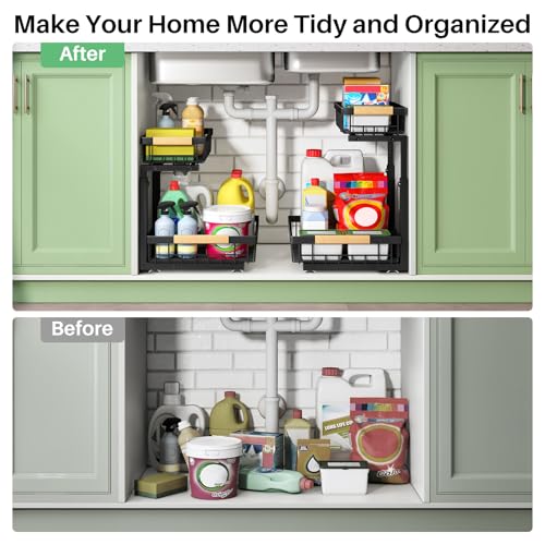 Kitstorack Under Sink Organizer, 2 Tier Under the Sink Storage, Slide out Pull out Cabinet Organizer Shelf, Metal Sliding Drawer for Kitchen Bathroom Pantry Closet Organization Rack, Black, 2 Pack - My Kitchen Products