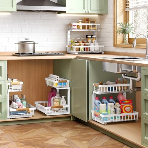 Kitstorack Under Sink Organizer, 2 Tier Under the Sink Storage, Slide out Pull out Cabinet Organizer Shelf, Metal Sliding Drawer for Kitchen Bathroom Pantry Closet Organization Rack, White, 2 Pack - My Kitchen Products