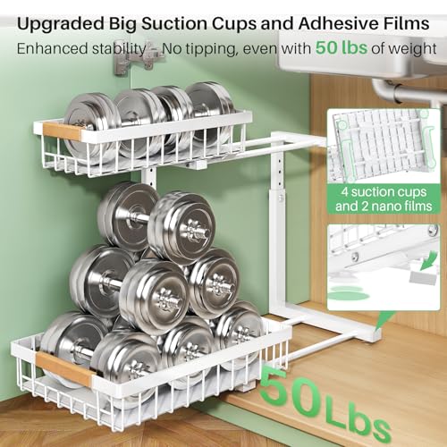 Kitstorack Under Sink Organizer, 2 Tier Under the Sink Storage, Slide out Pull out Cabinet Organizer Shelf, Metal Sliding Drawer for Kitchen Bathroom Pantry Closet Organization Rack, White, 2 Pack - My Kitchen Products