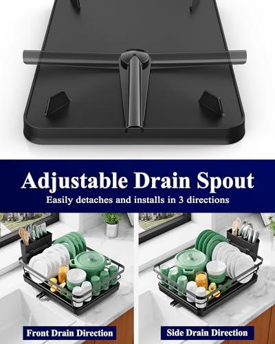 Kitsure Dish Drying Rack for Kitchen Counter, Stainless Steel Sink Organization and Storage Essentials with Cutlery Holder, Home and Appartment Decor, 12''W x 15.5''L, Black - My Kitchen Products