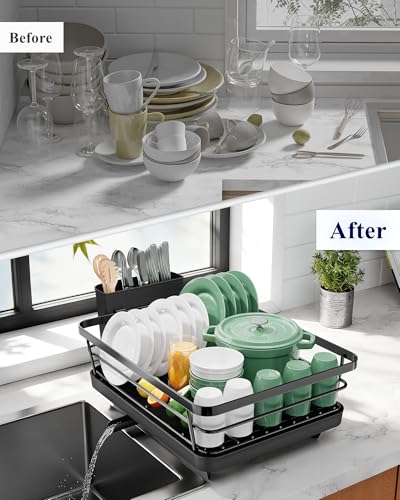 Kitsure Dish Drying Rack for Kitchen Counter, Stainless Steel Sink Organization and Storage Essentials with Cutlery Holder, Home and Appartment Decor, 12''W x 15.5''L, Black - My Kitchen Products