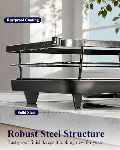 Kitsure Dish Drying Rack for Kitchen Counter, Stainless Steel Sink Organization and Storage Essentials with Cutlery Holder, Home and Appartment Decor, 12''W x 15.5''L, Black - My Kitchen Products
