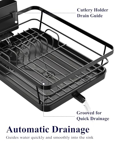 Kitsure Dish Drying Rack for Kitchen Counter, Stainless Steel Sink Organization and Storage Essentials with Cutlery Holder, Home and Appartment Decor, 12''W x 15.5''L, Black - My Kitchen Products